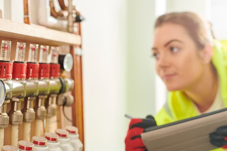 Frau mit Warnweste prüft Heizung