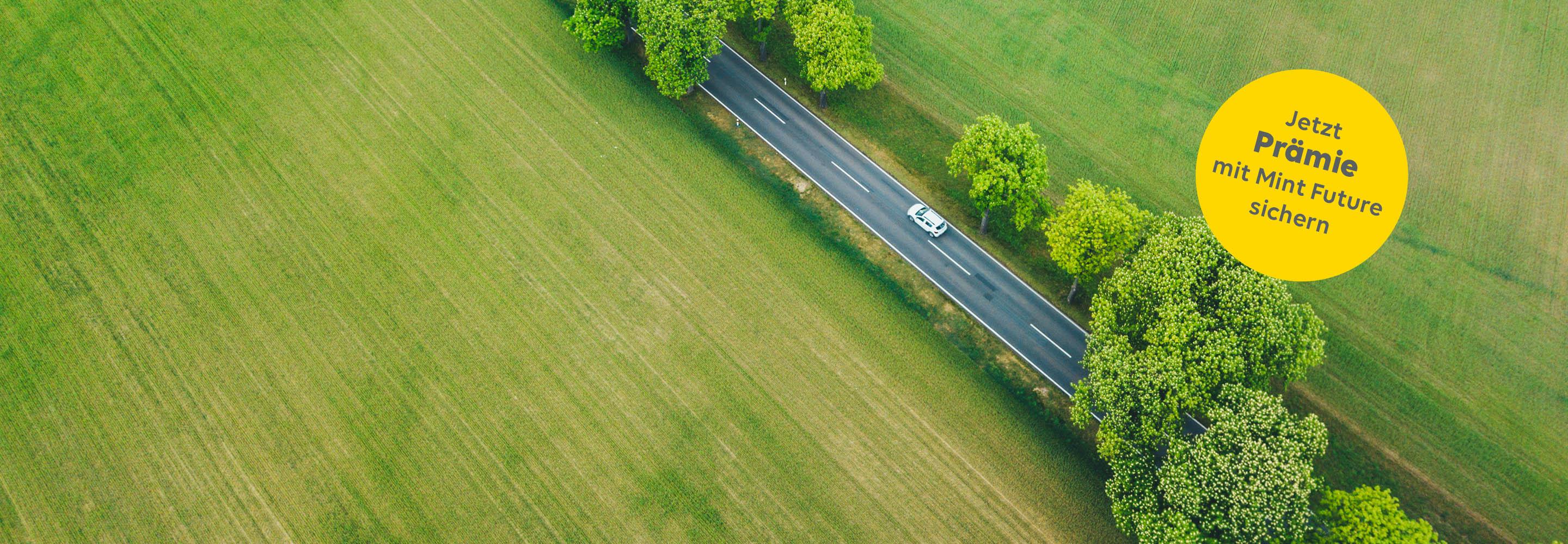 Auto auf einer Landstraße zwischen Feldern aus Vogelperspektive.