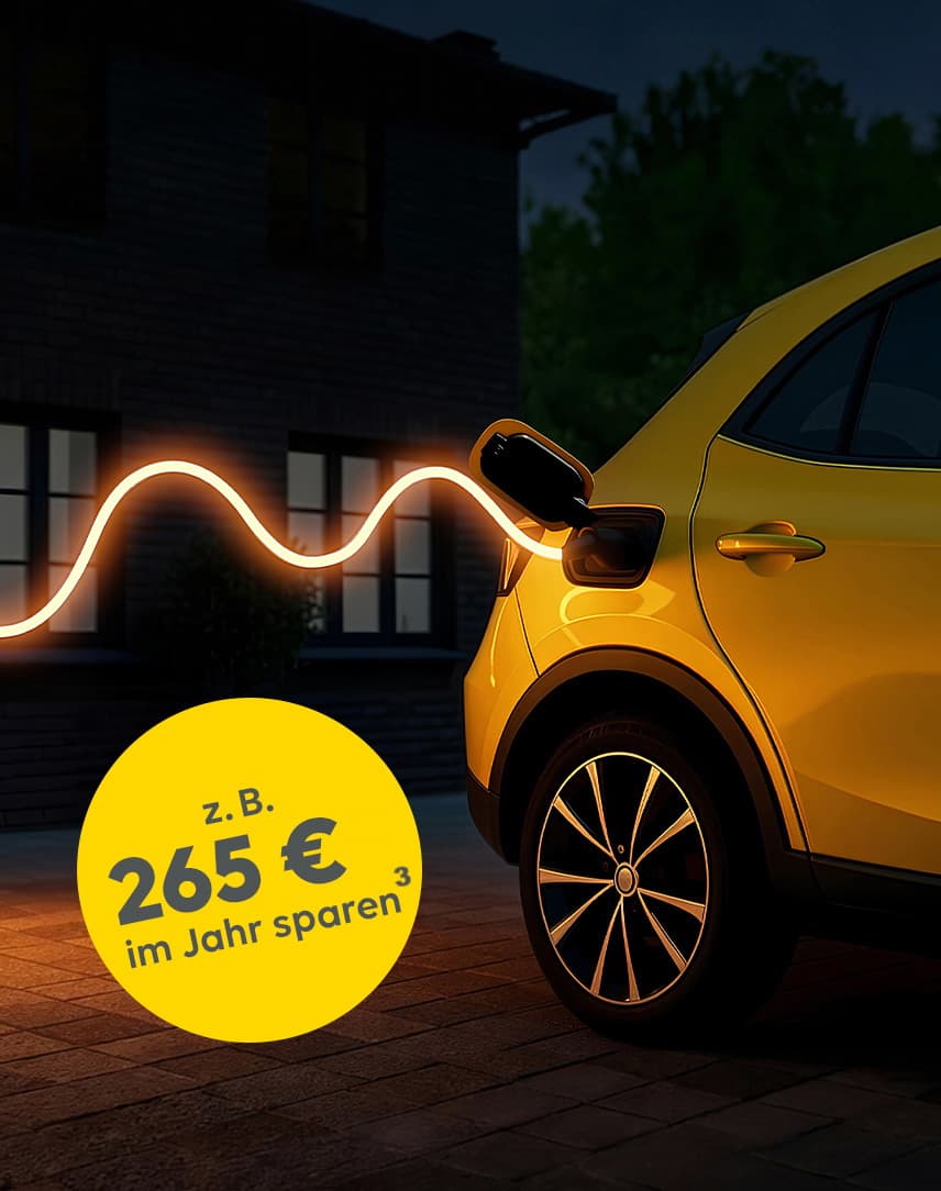 Ein gelbes E-Auto ist an ein animiertes gelbes Stromkabel angeschlossen