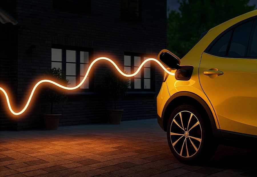 E-Auto lädt an animiertem Kabel, da es den dynamischen Stromtarif nutzt