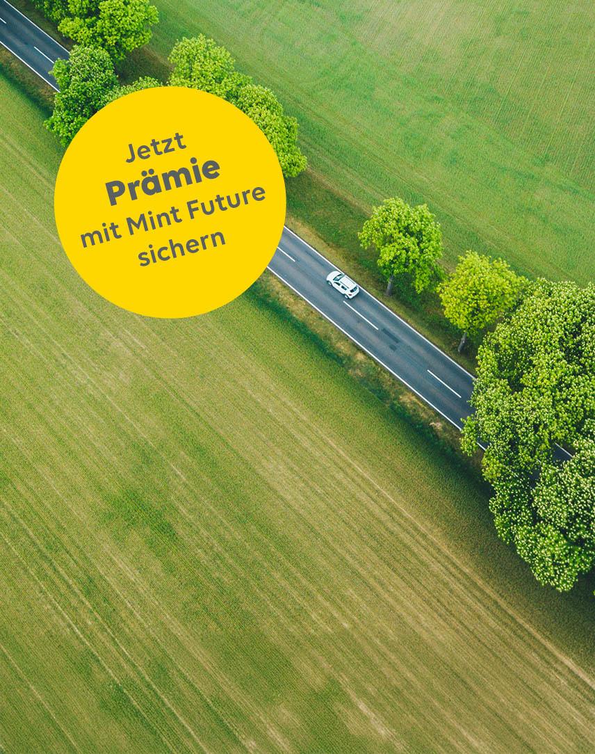 Auto auf einer Landstraße zwischen Feldern aus Vogelperspektive.