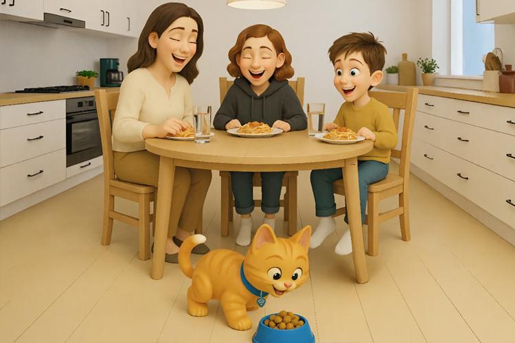 Illustration von Familie am Esstisch, Katze am Fressnapf im Vordergrund