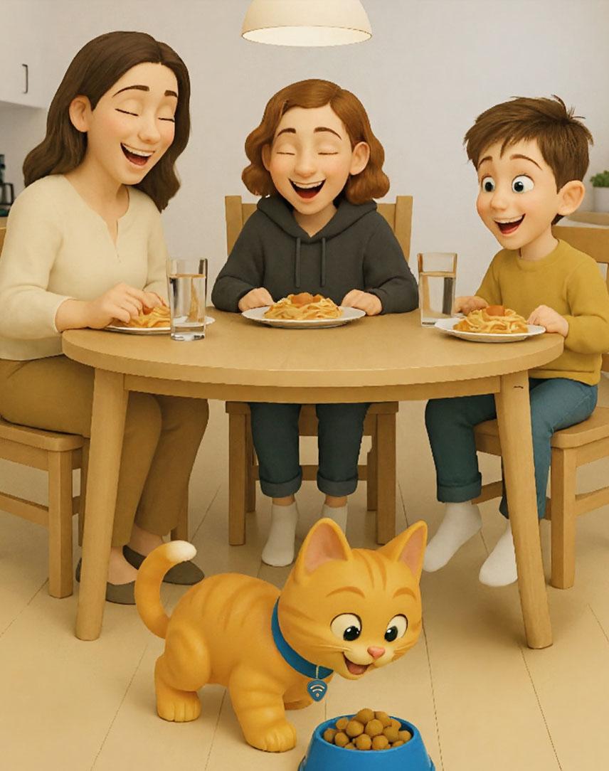 Illustration von Familie am Esstisch, Katze am Fressnapf im Vordergrund