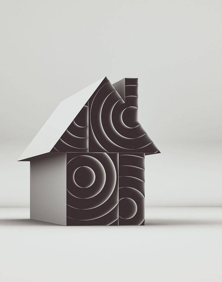 Minimalistische Hausform aus geometrischen Blöcken mit kreisförmigen Mustern in Schwarz-Weiß.