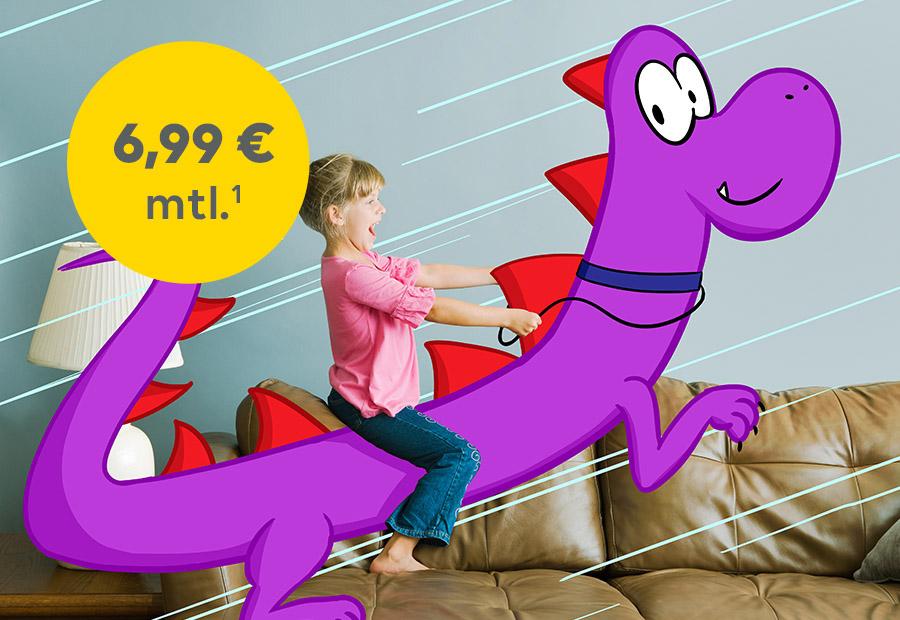 Kind sitzt auf einem Cartoon-Drachen