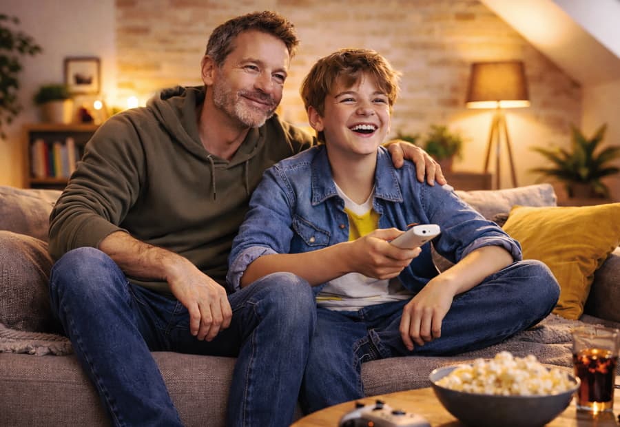 Vater und Sohn sitzen auf der Couch mit einer Fernbedienung und schauen EWE ZuhauseTV