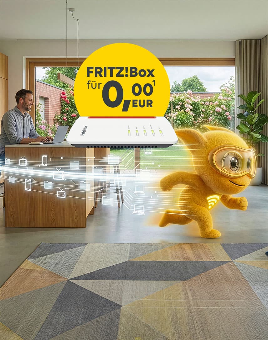 Ein "Glas-Raser" rennt durch das Wohnzimmer einer Familie. In einem gelben Kreis steht : "FRITZ!BOX für 0 €"