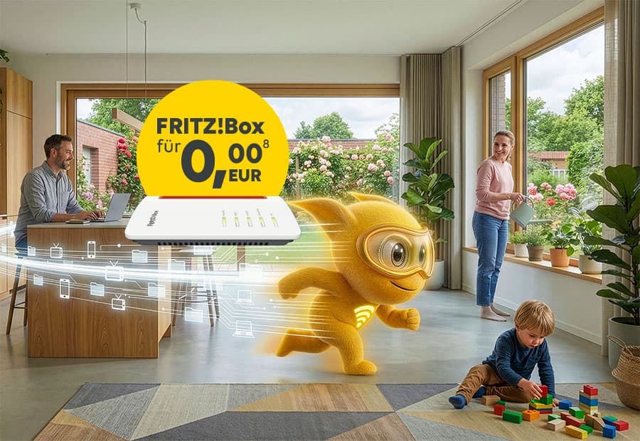 Ein "Glas-Raser" rennt durch das Wohnzimmer einer Familie. In einem gelben Kreis steht : "FRITZ!BOX für 0 €"
