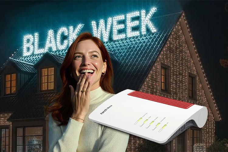 Ein Frau steht vor seinem Haus, auf dem der Schriftzug "Black Week" in Leuchtbuchstaben zu lesen ist, daneben ist ein Router zu sehen