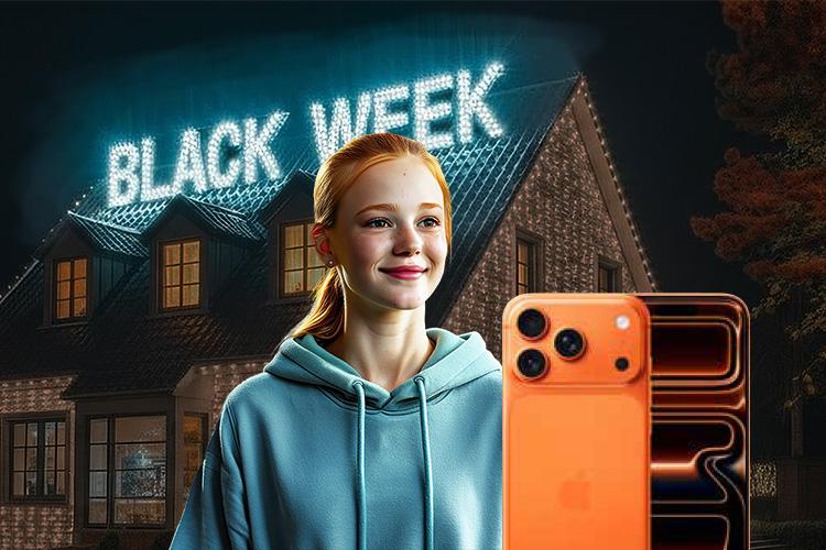 Ein Frau steht vor seinem Haus, auf dem der Schriftzug "Black Week" in Leuchtbuchstaben zu lesen ist, daneben ist ein Smartphone zu sehen