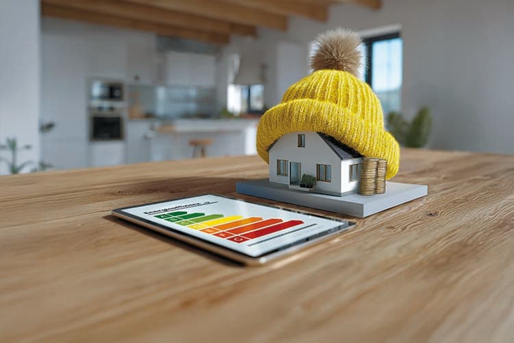 Stilisiert: Haus mit Pudelmütze, daneben Tablet mit Energieausweis