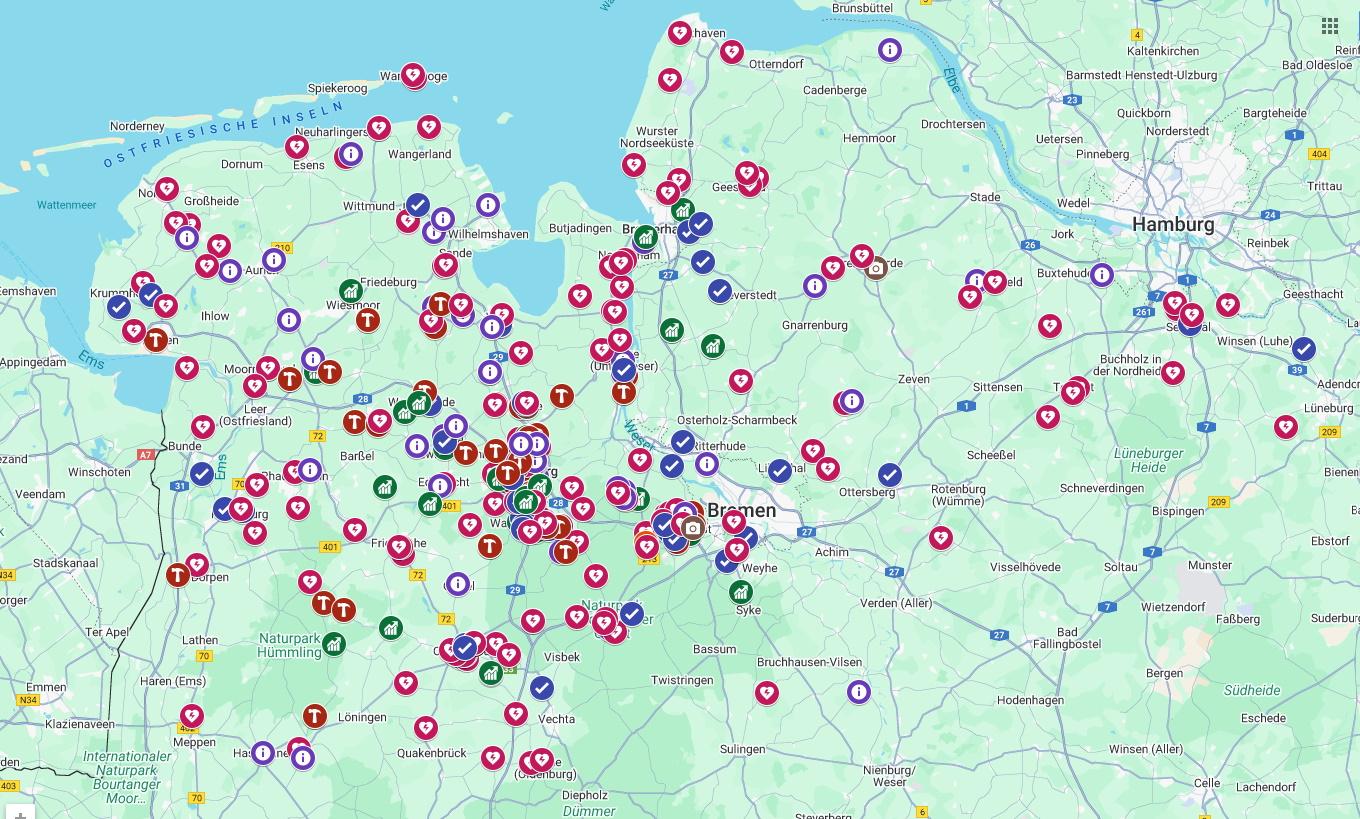 Karte mit Markierungen der abgeschlossenen Energieberatungen von EWE