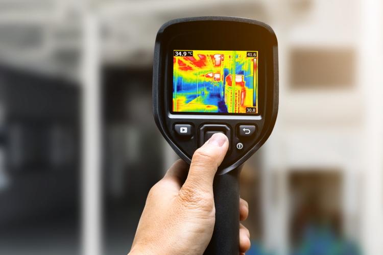 Handwerker mit Thermographie-Gerät vor einem Gebäude
