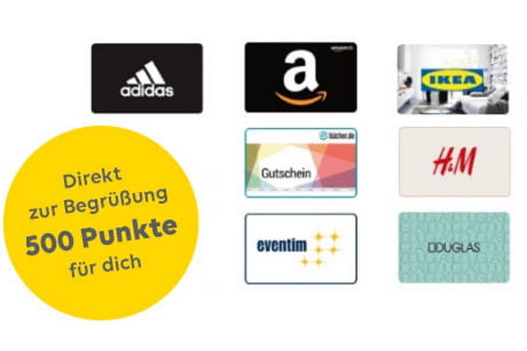 Zusammenstellung mehrerer Marken sowie eine gelbe Fläche "500 Punkte zur Begrüßung"