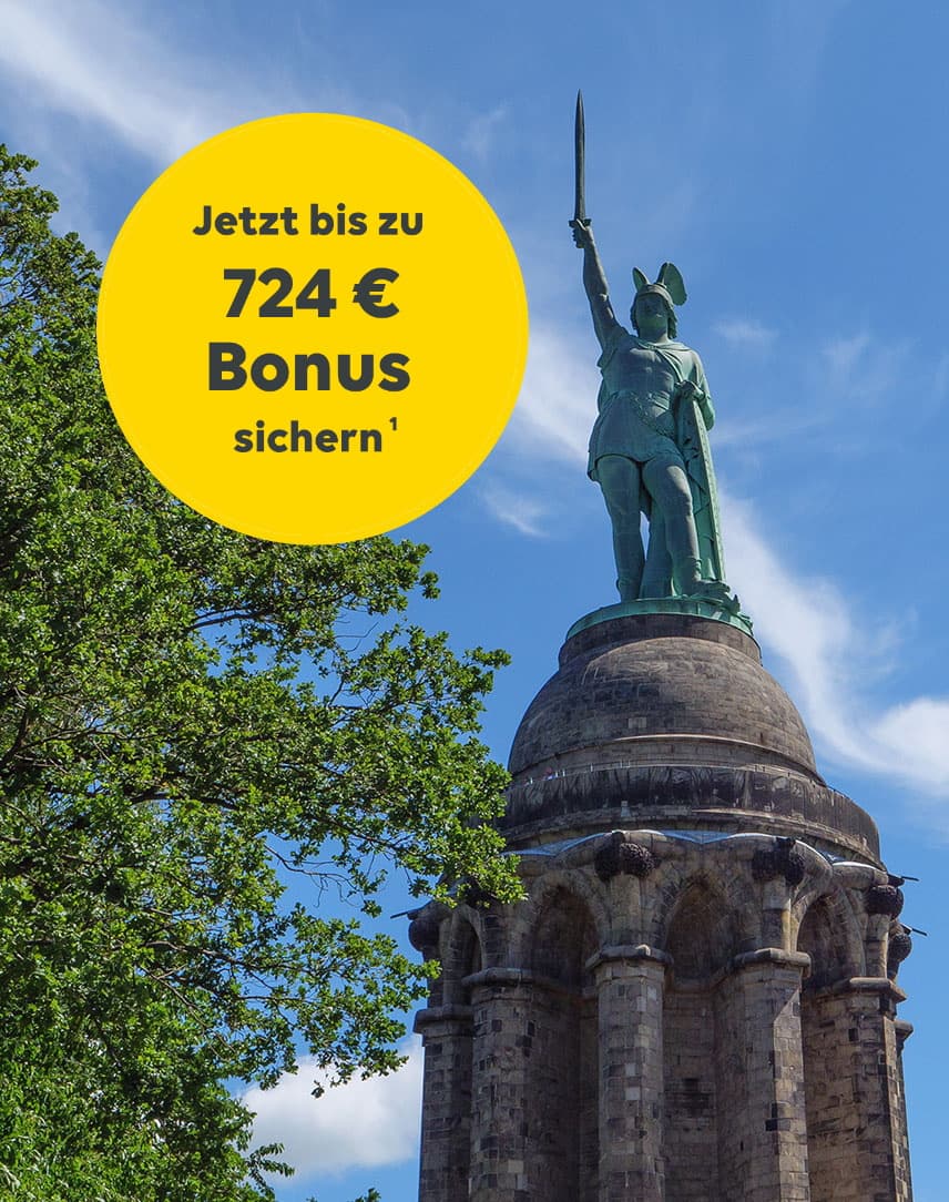 Hermannsdenkmal in Ostwestfalen-Lippe, in einem gelben Kreis wird auf den Aktionsbonus hingewiesen