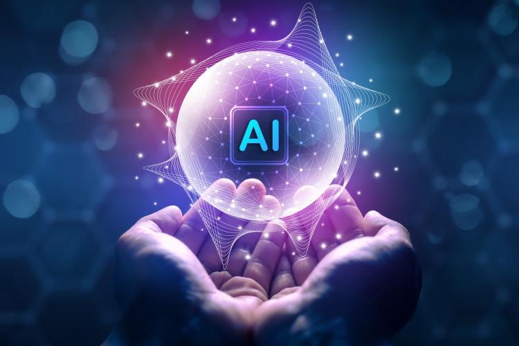 Ein stilisiertes Bild von zwei Händen, über denen eine Kugel mit der Aufschrift AI schwebt