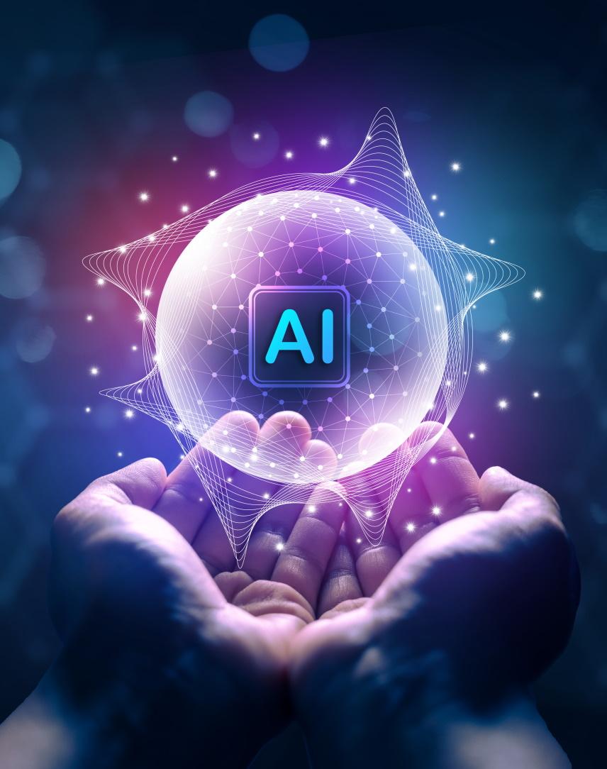 Ein stilisiertes Bild von zwei Händen, über denen eine Kugel mit der Aufschrift AI schwebt