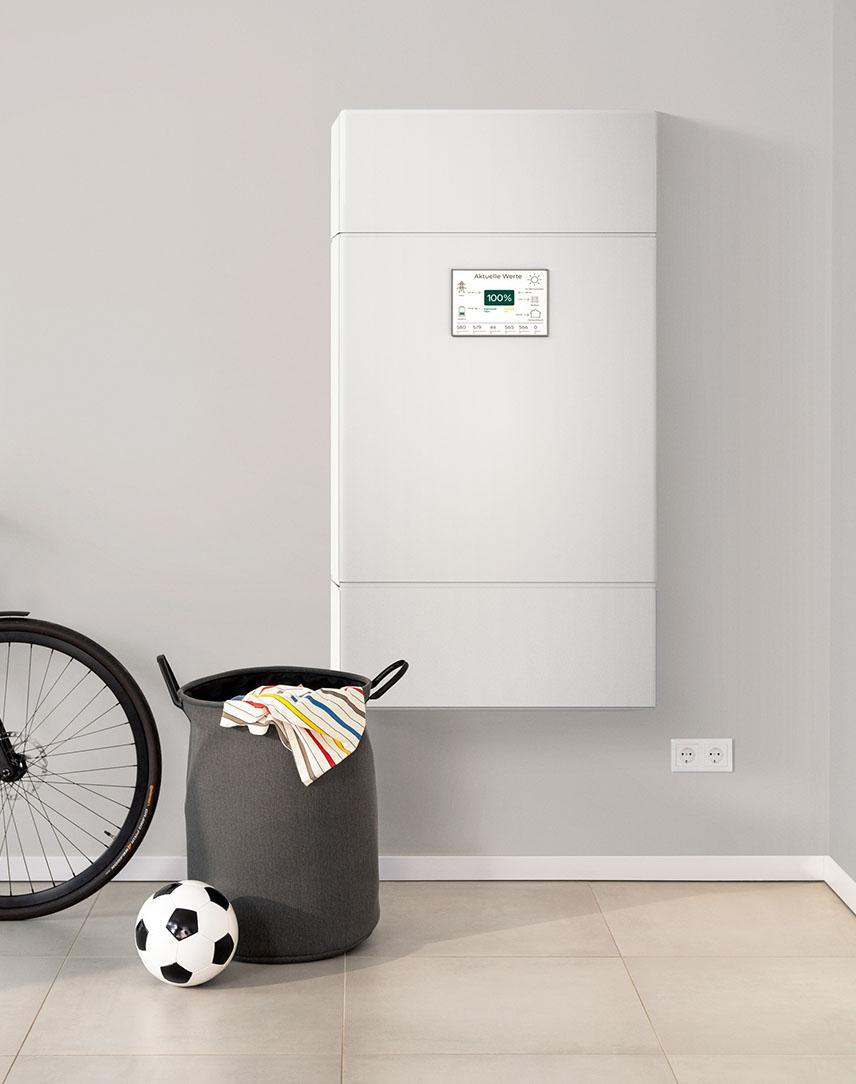 Mann trägt PV-Modul mit seiner Tochter durch den Garten