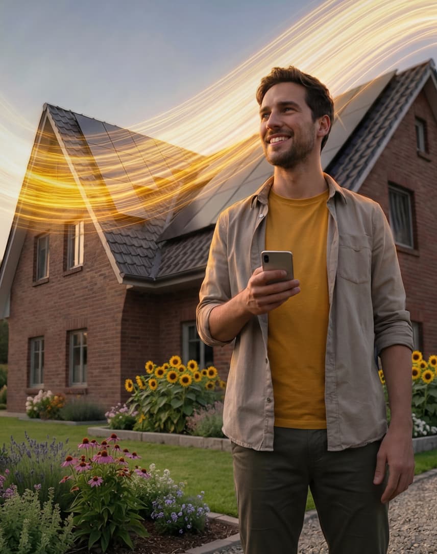 Ein Mann steht vor seinem Haus. Im Hintergrund sieht man das vernetzte Haus im EWE Flow.