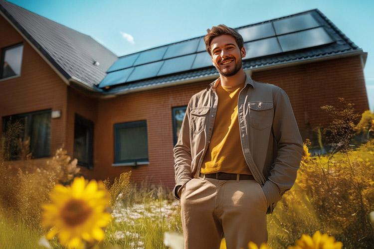 Mann steht in einer Sonnenblumenwiese vor einem Haus mit Solarsystem