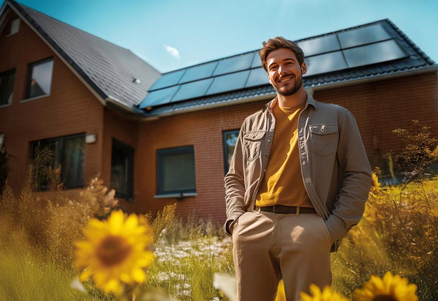 Mann steht in einer Sonnenblumenwiese vor einem Haus mit Solarsystem