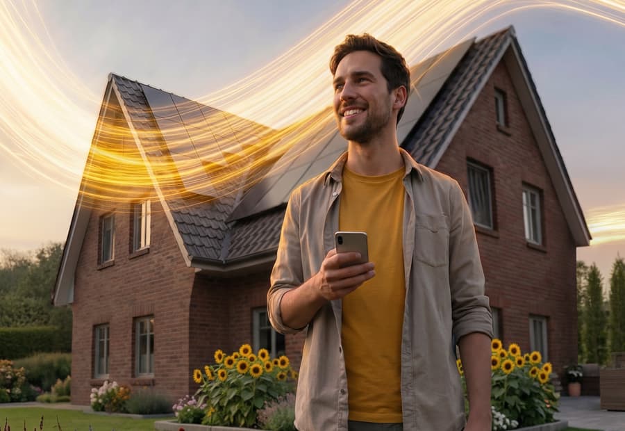 Mann steht vor einem Haus mit Solarsystem. 