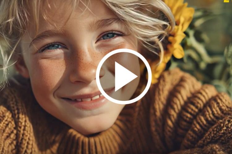 Ein Kind mit einer Sonnenblume im Hintergrund, darauf ein Play-Button