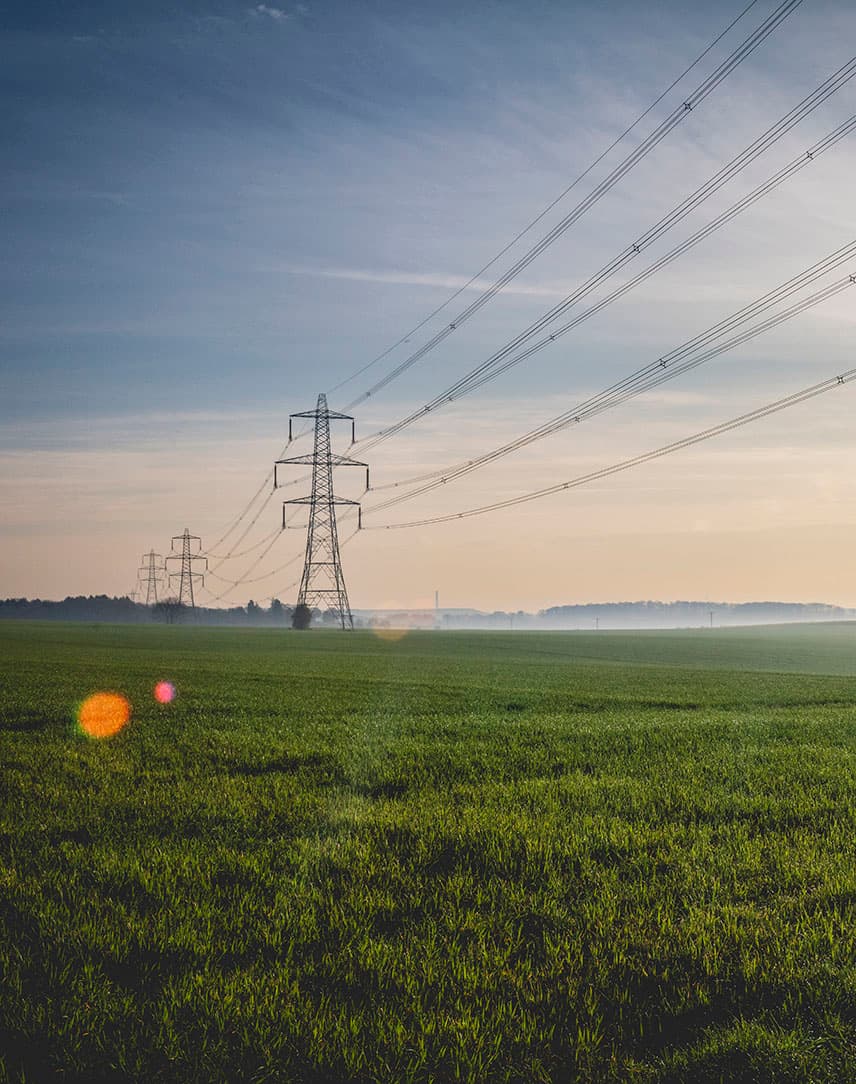 Mehrere Strommasten mit Hochspannungsleitungen stehen auf einem Feld.