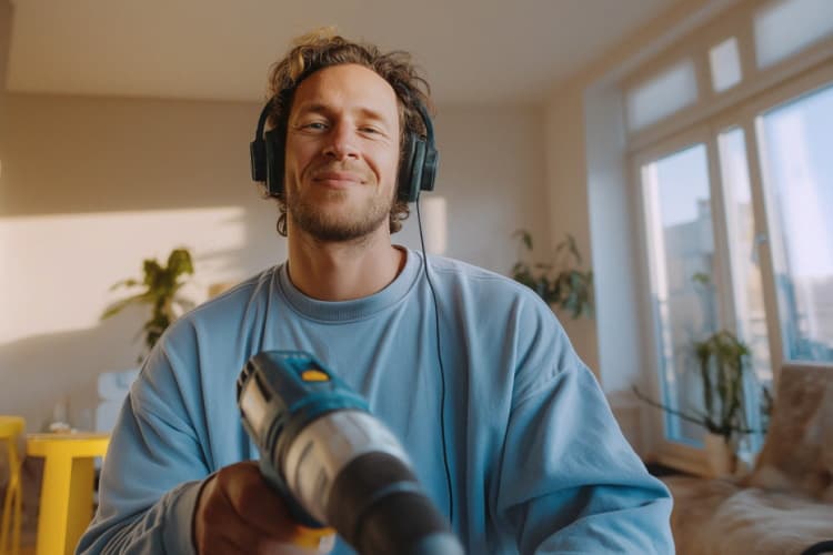 Mann mit Bohrmaschine und Kopfhörern.