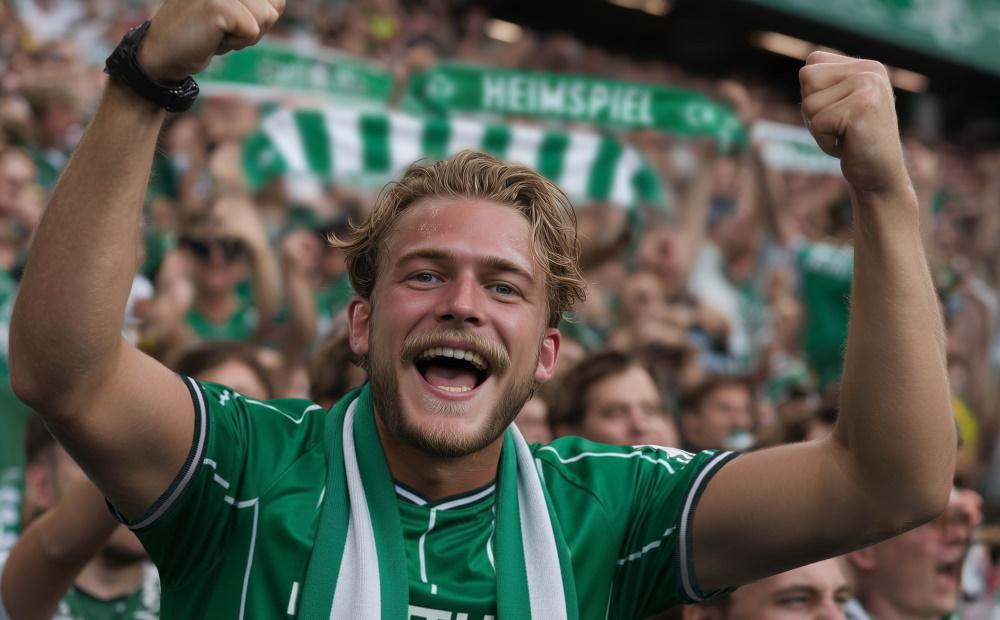 Fan von Werder Bremen jubelt im Stadion über ein Tor seines Vereins
