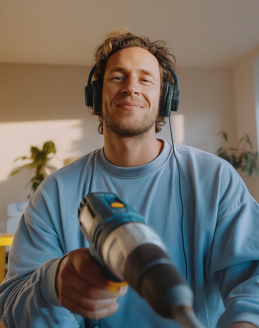 Frau mit verschränkten Armen vor Himmel-Hintergrund.