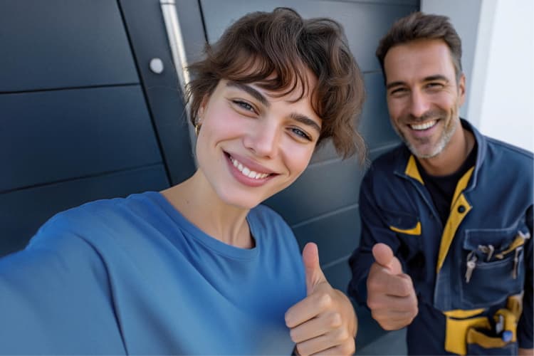 Eine Frau und ein Mann lächeln in die Kamera und strecken den Daumen nach oben.