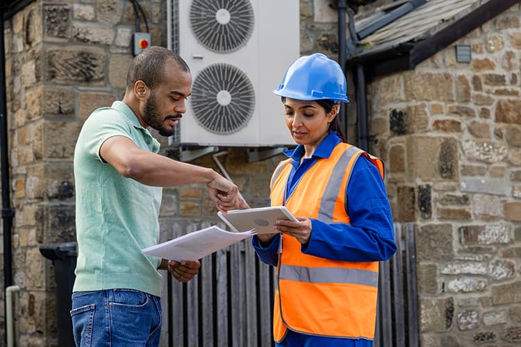 Frau mit Warnweste und Bauhelm prüft unterlagen zusammen mit Mann vor Wärmepumpe