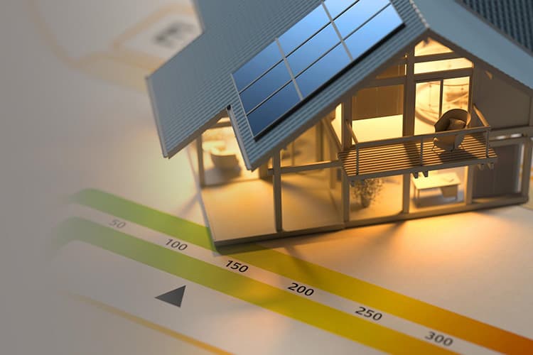 Stilisierte Abbildung eines Energiesparhauses auf einem Energisparausweis.