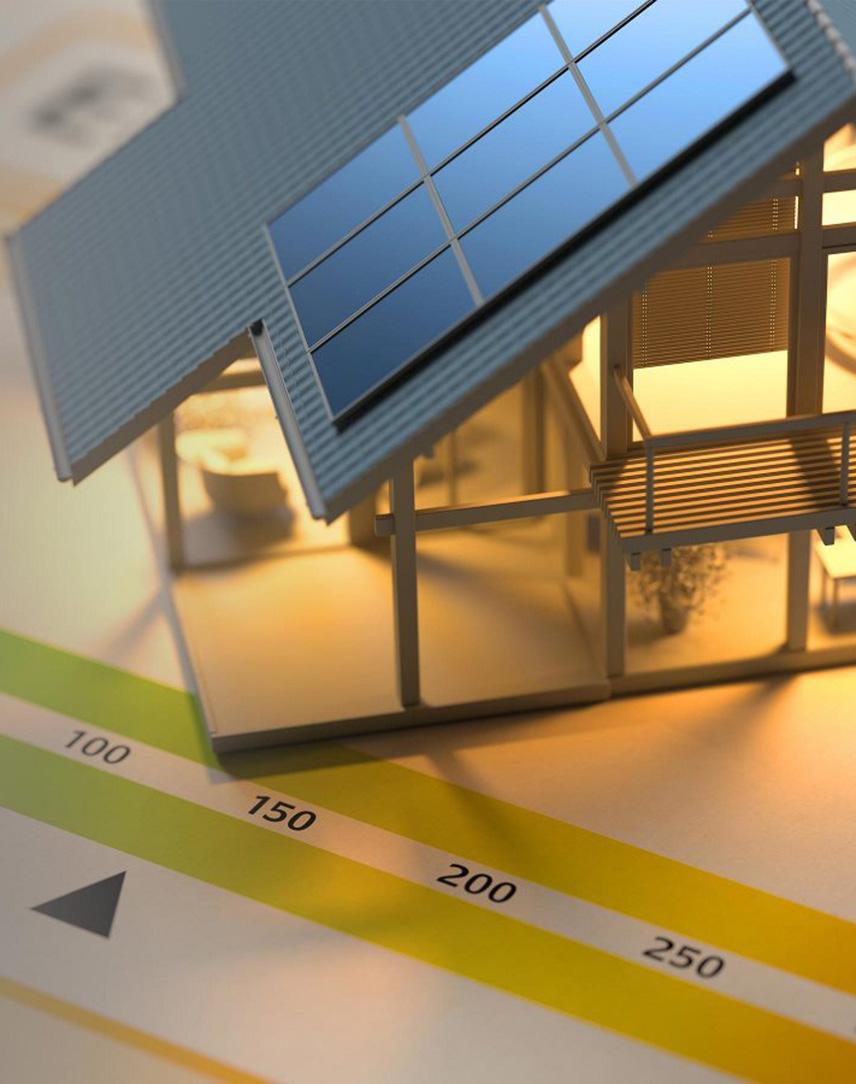 Stilisierte Abbildung eines Energiesparhauses auf einem Energisparausweis.