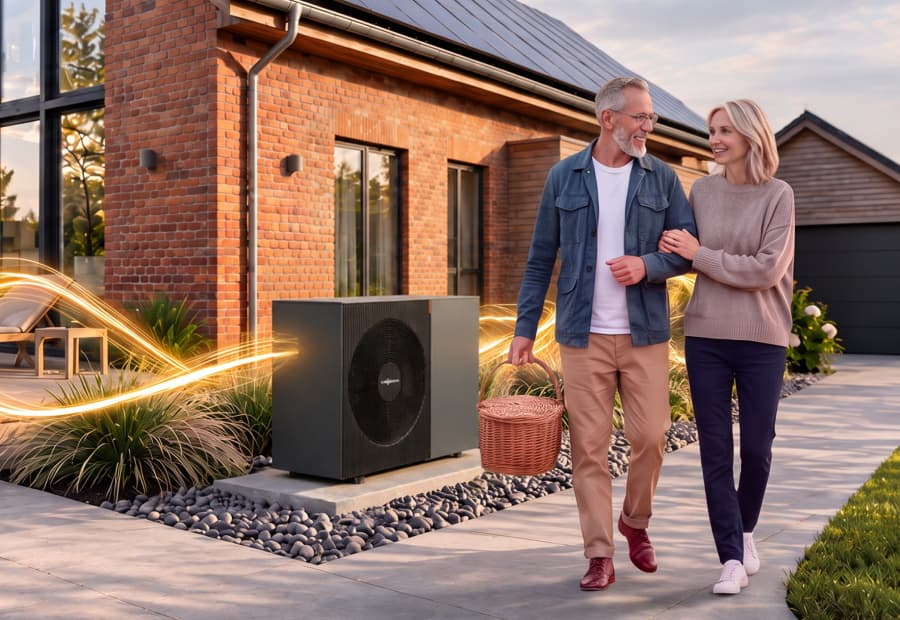 Ein älteres Ehepaar steht vor seinem Haus samt Wärmepumpe