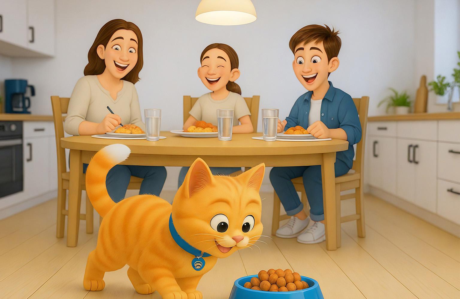 Illustration von Familie am Esstisch, Katze am Fressnapf im Vordergrund