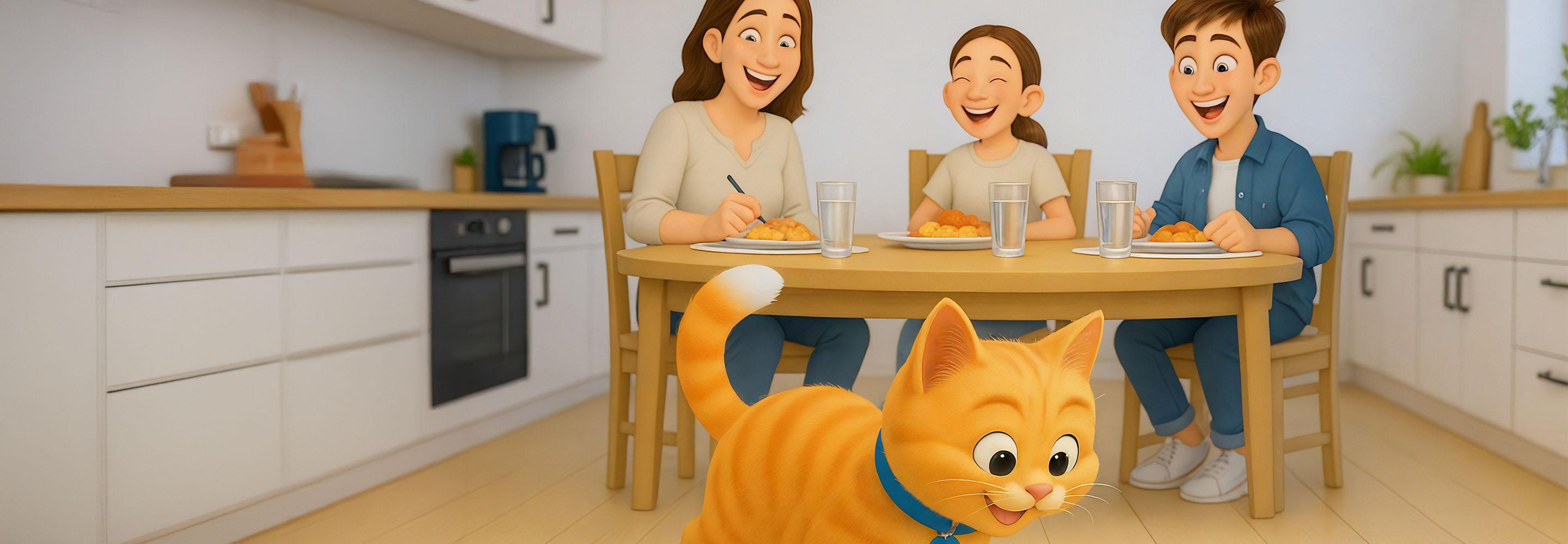 Illustration von Familie am Esstisch, Katze am Fressnapf im Vordergrund