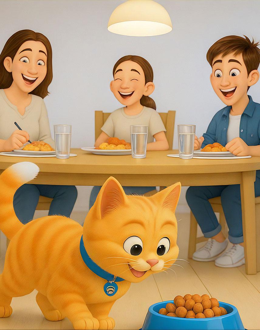 Illustration von Familie am Esstisch, Katze am Fressnapf im Vordergrund