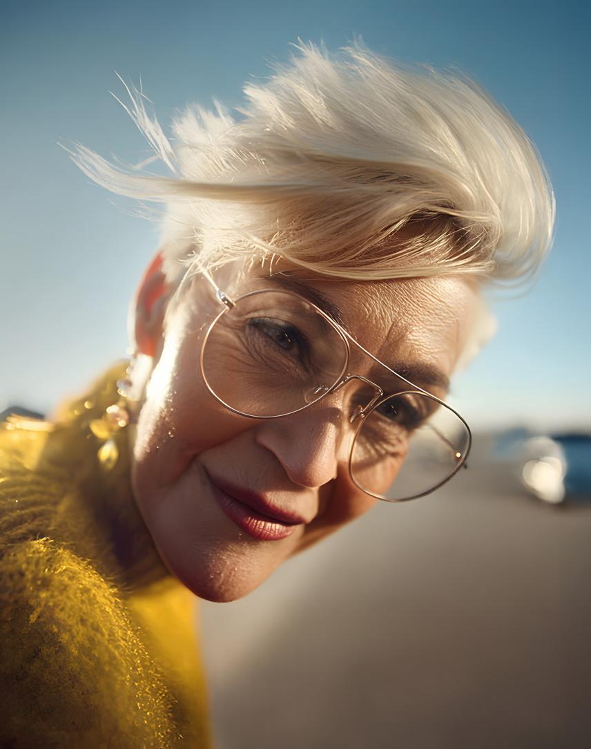 Coole, ältere Frau mit wehendem Haar schaut in die Kamera