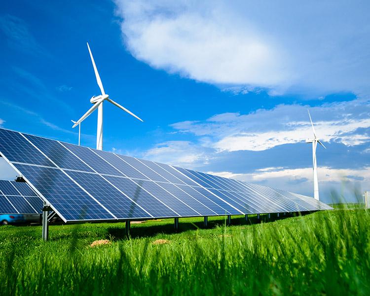 PV-Anlage auf einem Feld mit Windenergieanlagen im Hintergrund