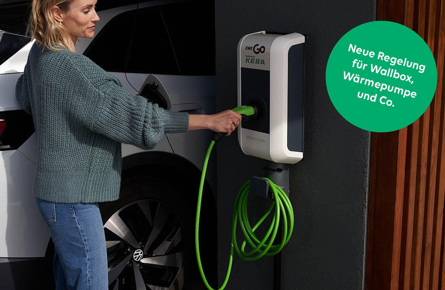 Frau steckt Kabel in eine Wallbox