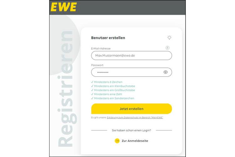 Screenshot der Seite "Benutzer erstellen" in Mein EWE - Energie