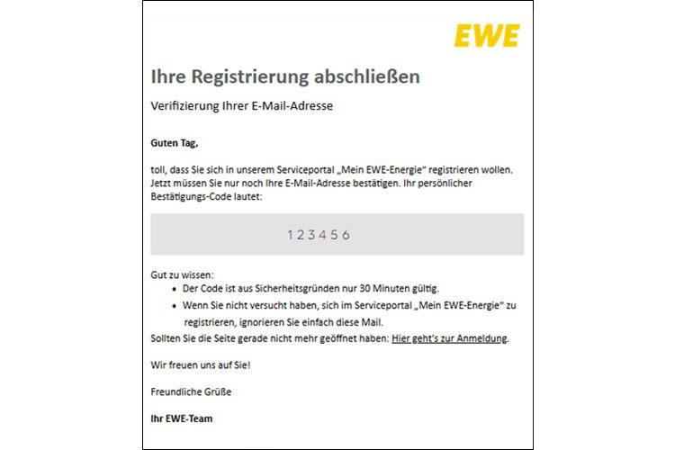 Screenshot der Seite "Registrierung abschließen" in Mein EWE - Energie