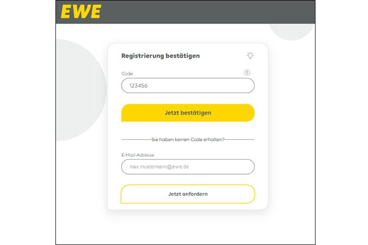Screenshot der Seite "Bestätigungscode eingeben" in Mein EWE - Energie