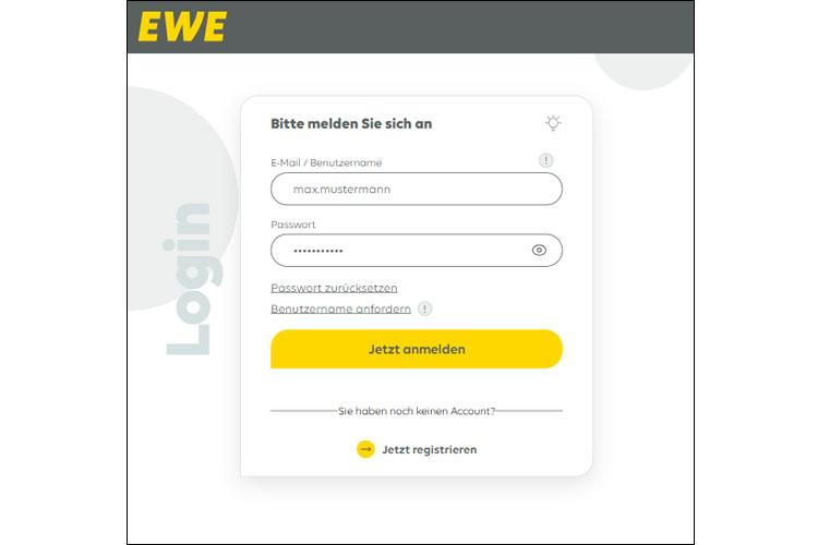 Screenshot der Seite "Bitte melden Sie sich an" in Mein EWE - Energie