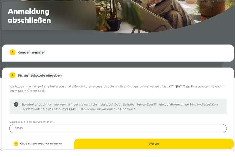 Screenshot der Seite "Anmeldung abschließen - Sicherheitscode eingeben" in Mein EWE - Energie