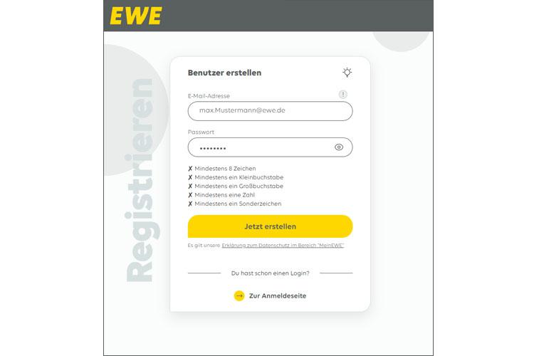 Screenshot der Seite "Benutzer erstellen" in Mein EWE - Energie