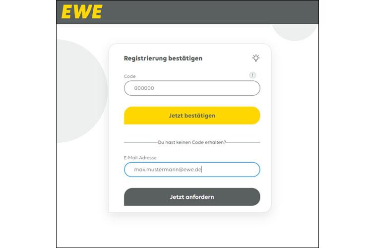 Screenshot der Seite "Bestätigungscode eingeben" in Mein EWE - Energie