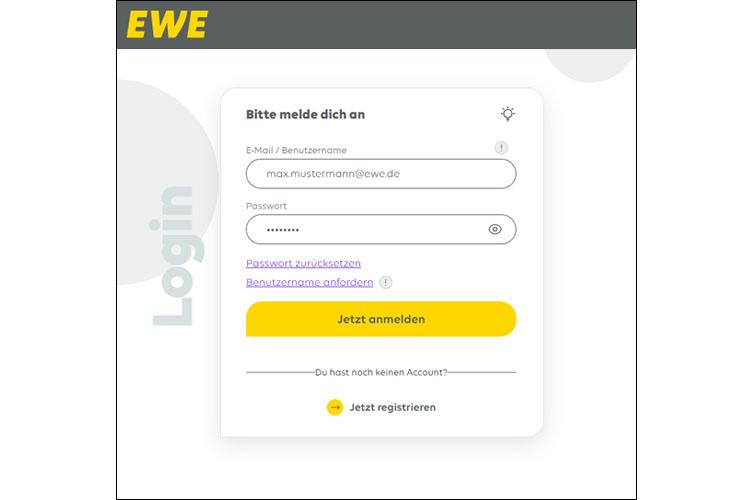 Screenshot der Seite "Bitte melden Sie sich an" in Mein EWE - Energie